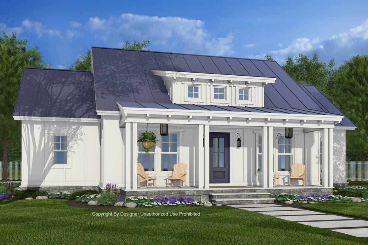 House plan exterior: Modern Farmhouse style, one story, with wide covered porch, prominent dormer with three windows, and metal roof.