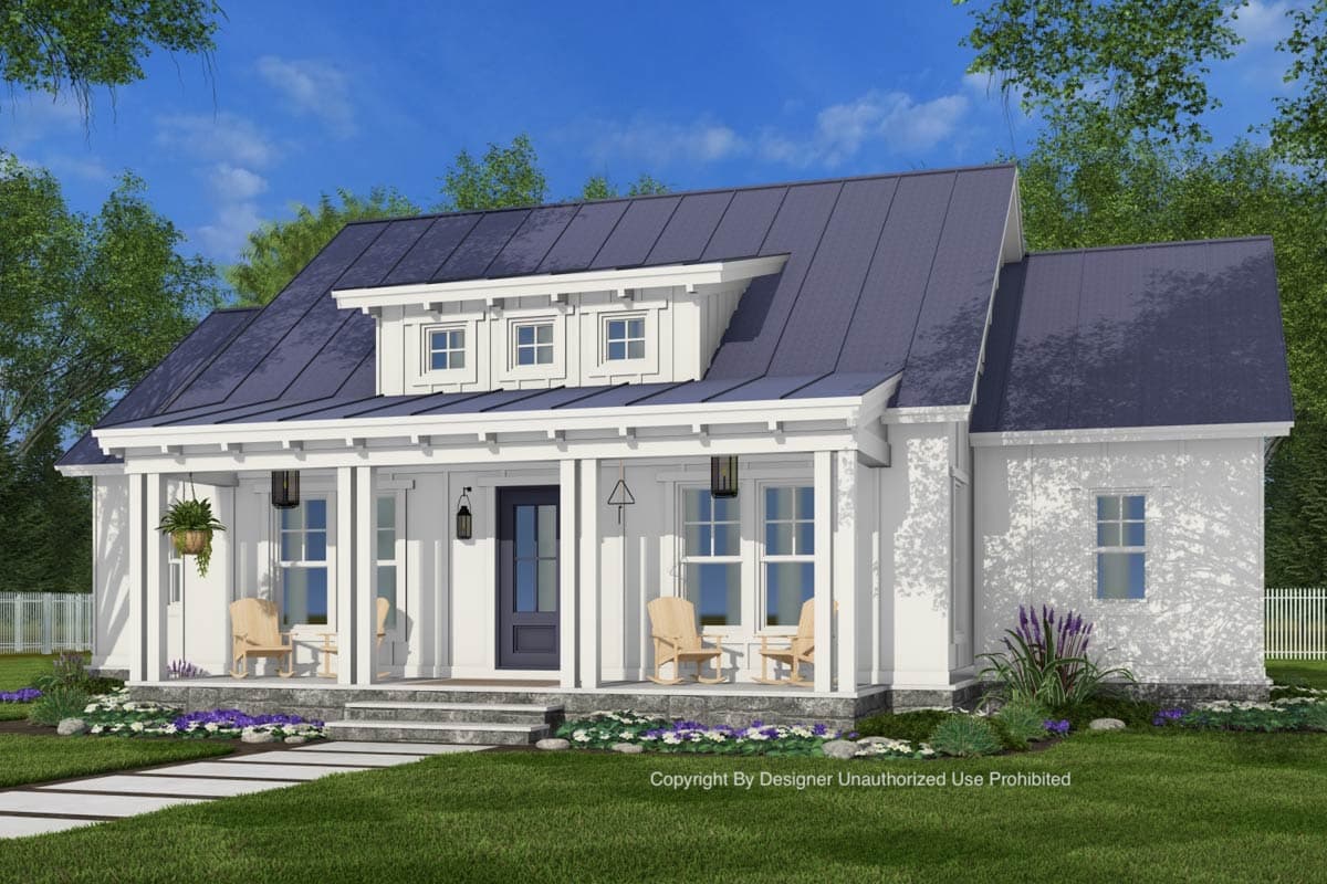 House plan exterior: Modern Farmhouse style, one story, white siding, dark metal roof, full-width front porch with dormer.