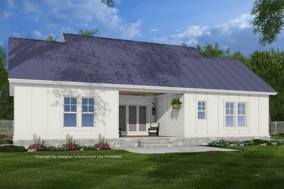 Modern Farmhouse house plan exterior with metal roof, covered porch, and board and batten siding.