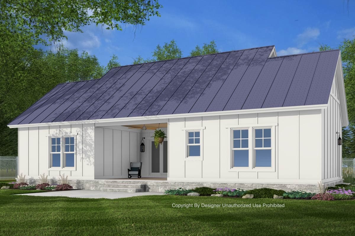 House plan exterior, Modern Farmhouse style, one story, with metal roof, gables, and covered porch.