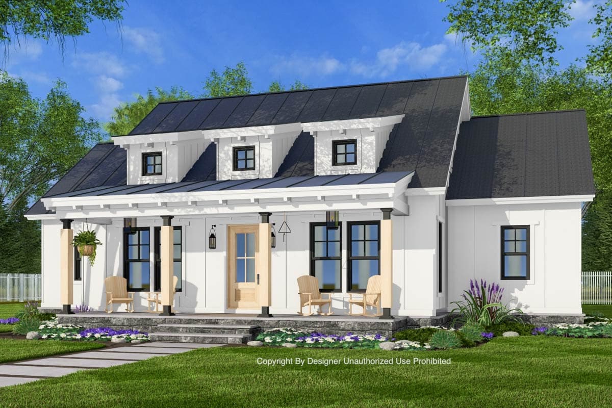 House plan exterior: Modern Farmhouse style, two stories, full-width porch, dormer windows, and metal roof.