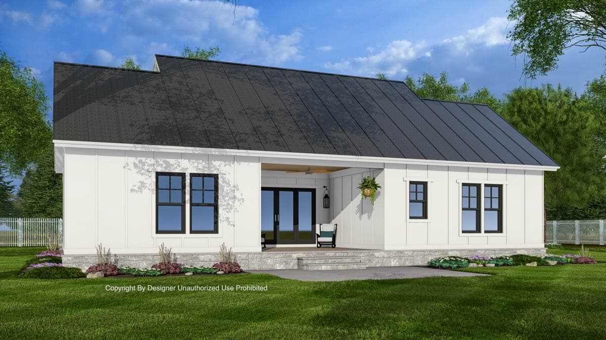 Modern farmhouse style house plan exterior, one story, with a standing seam metal roof, board and batten siding, and a covered rear porch.