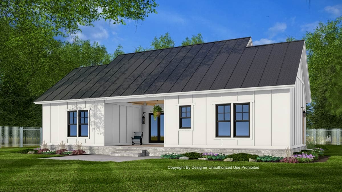Modern Farmhouse house plan exterior with white board and batten siding, metal roof, covered porch, and stone foundation.