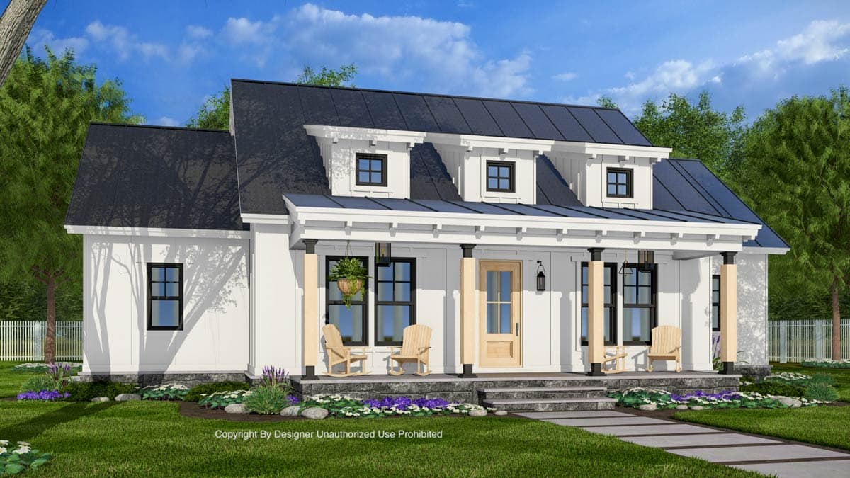 Modern farmhouse house plan exterior with full-width covered porch, gables, and dormer windows.