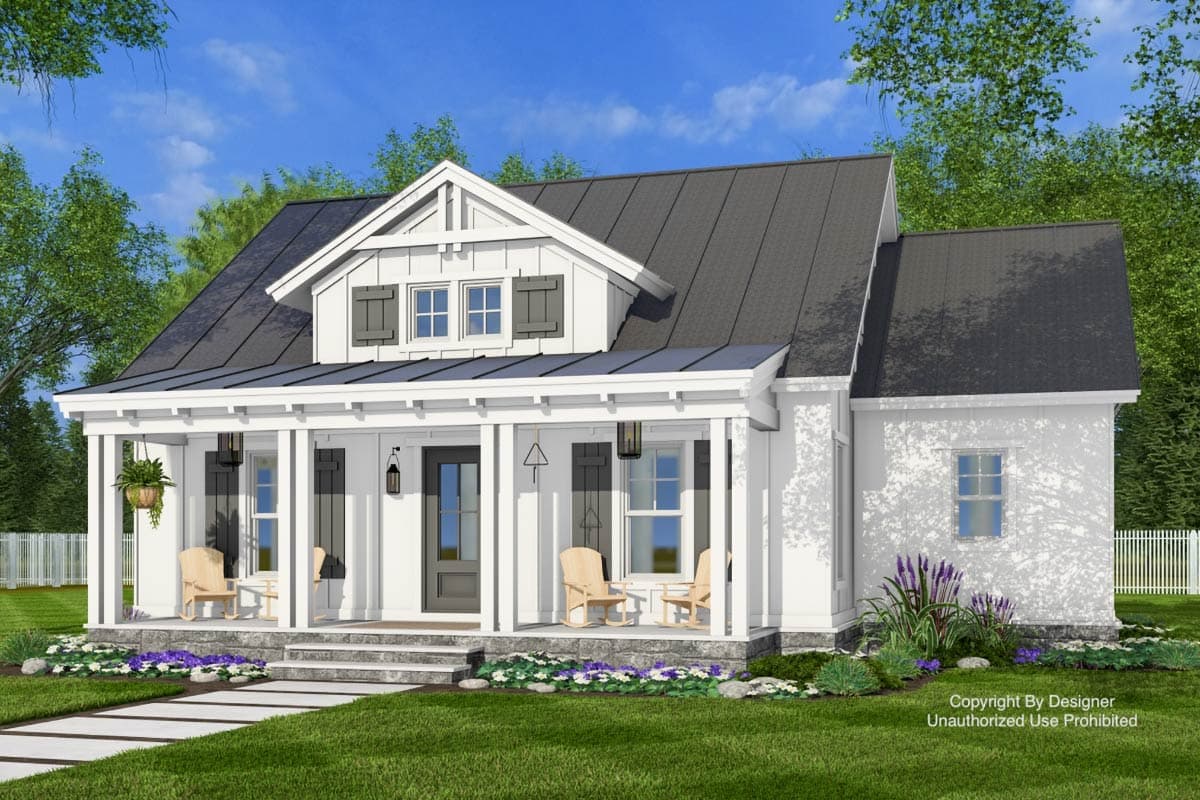 Modern Farmhouse style house plan exterior with a covered front porch, metal roof, gable dormer, and board and batten siding.