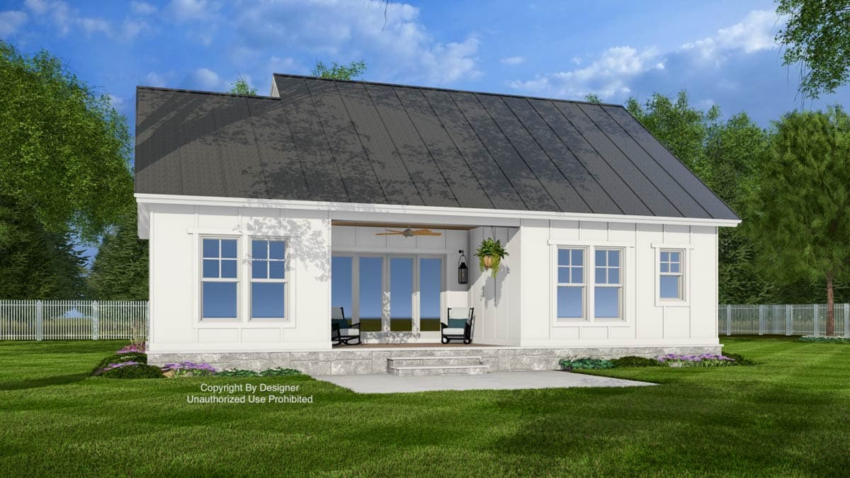 House plan exterior: Modern Farmhouse style, one story, with metal roof, covered porch with ceiling fan, and double hung windows.