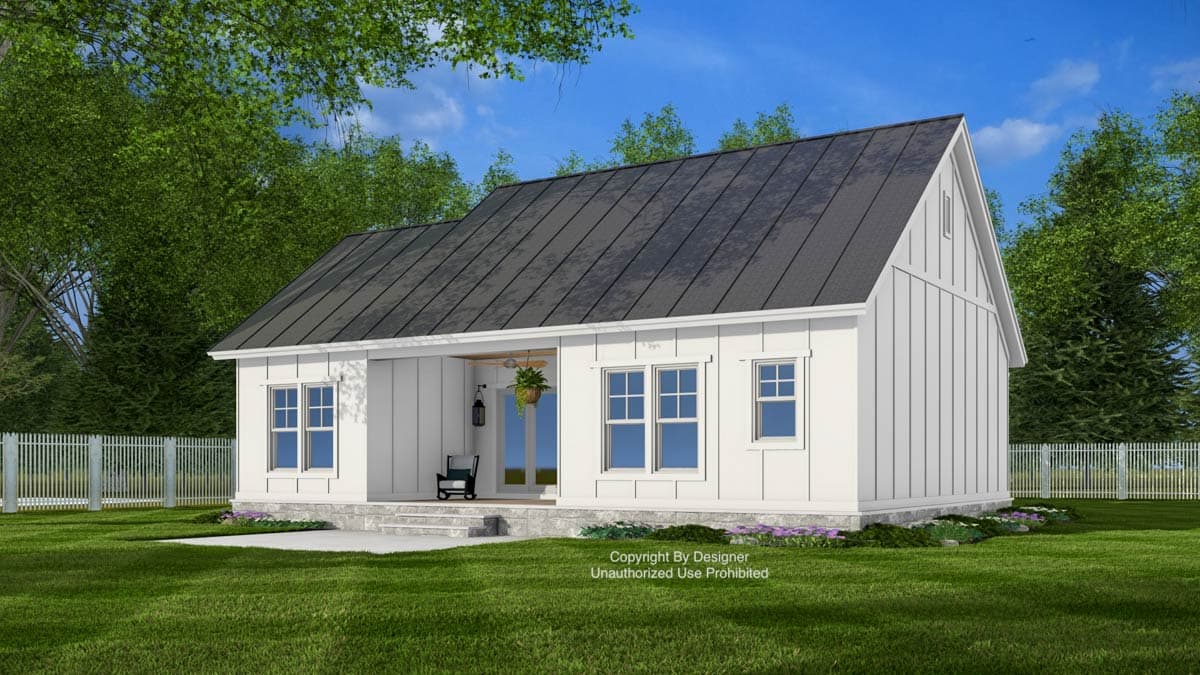 Modern Farmhouse house plan exterior, one story, white board and batten siding, gable roof, covered front porch.