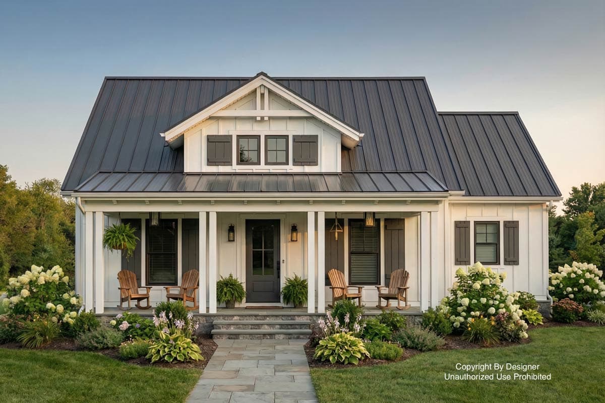 A white farmhouse with a dark metal roof, front porch with wooden chairs, and lush landscaping, including flowerbeds along a stone walkway.
