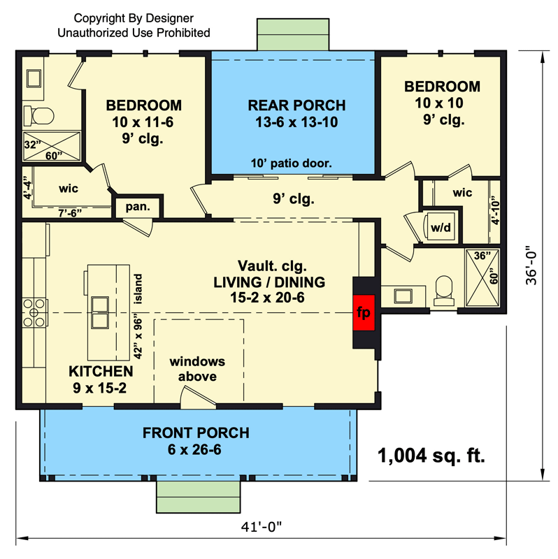Plan 140040RK: Single-Story 2-Bedroom Cottage House Plan with Covered Porches - Floor Plan - Main Level - Cottage, Country, Farmhouse