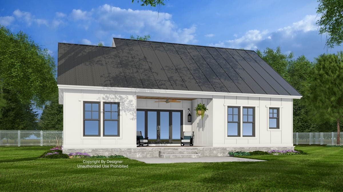 Modern Farmhouse house plan exterior with white board-and-batten siding, metal roof, and covered porch with double doors.
