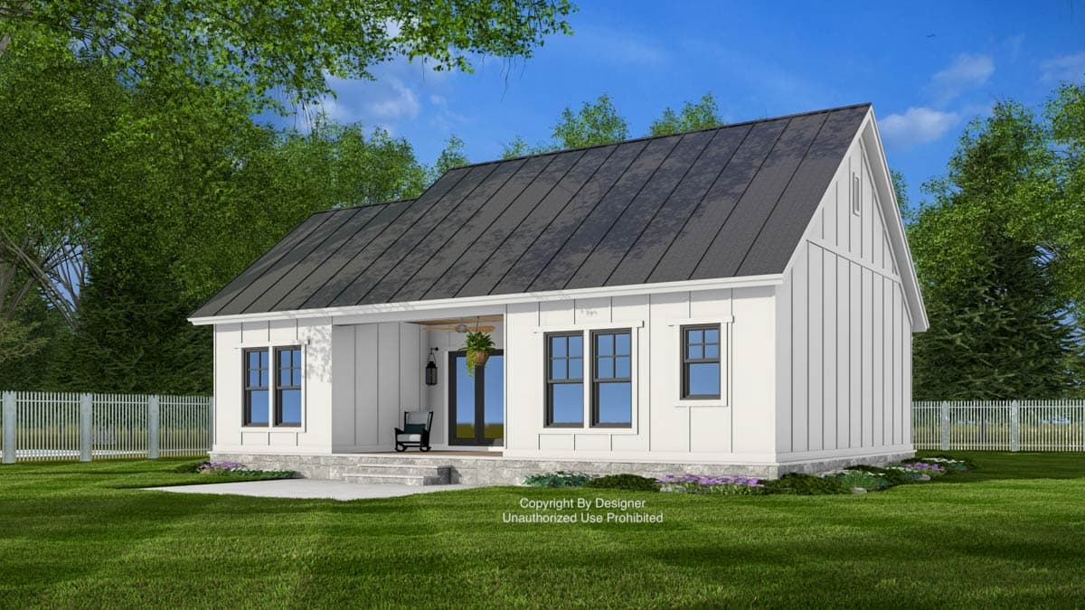 House plan exterior of a modern farmhouse style home with a gable roof, board and batten siding, and a covered front porch.