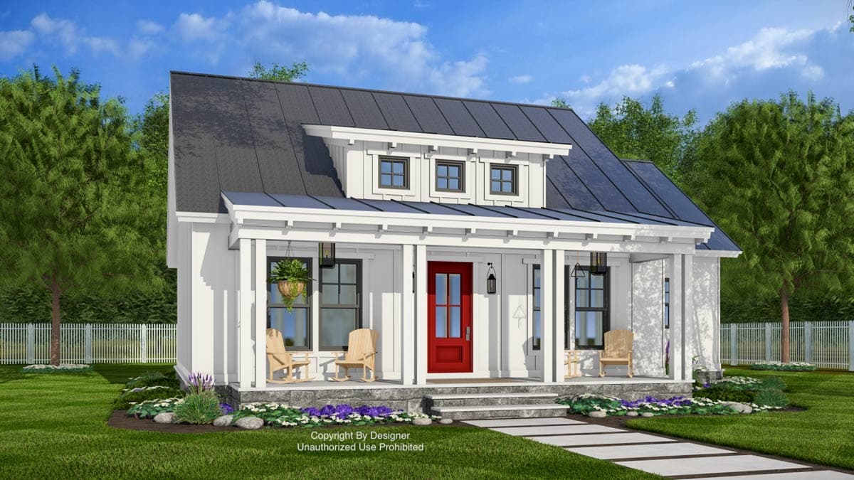 Modern Farmhouse style house plan exterior with a front porch, gable dormers, and a metal roof.