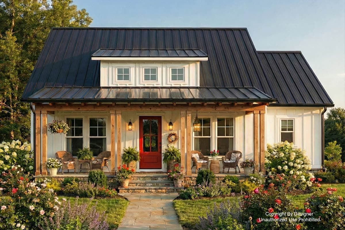 House plan exterior with board and batten siding, metal roof, covered porch, and gabled dormer. Red door and exposed timber columns.