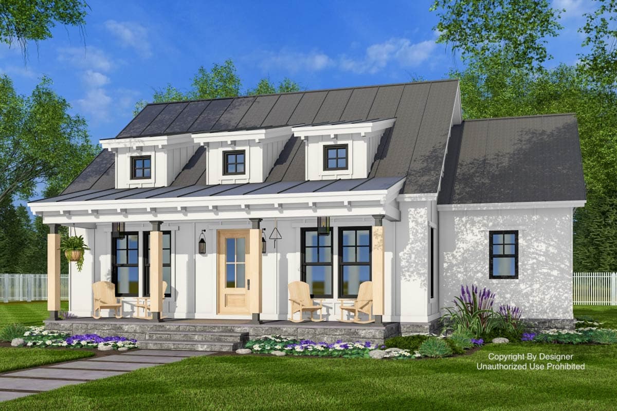 Modern Farmhouse house plan exterior with a covered porch, metal roof, and three dormer windows.
