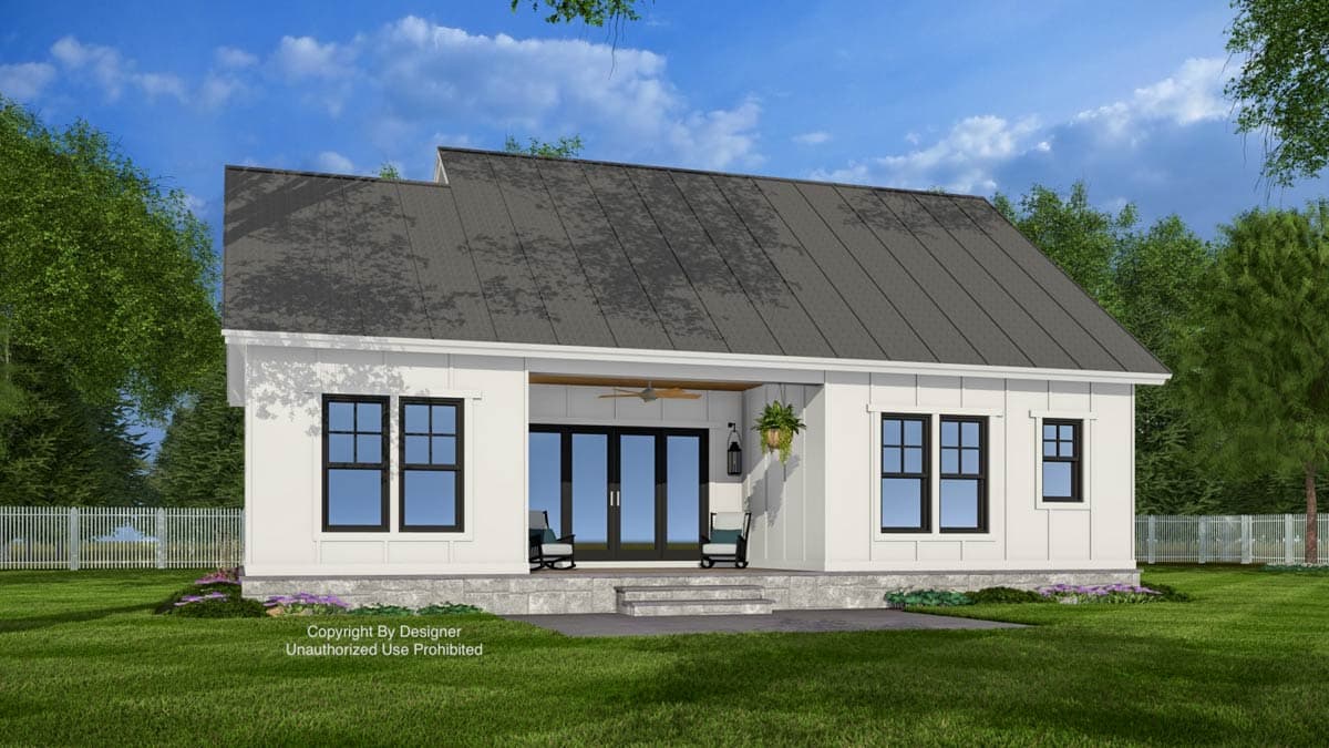 House plan exterior: Modern Farmhouse style, single-story with metal roof, covered porch with double doors and stone foundation.