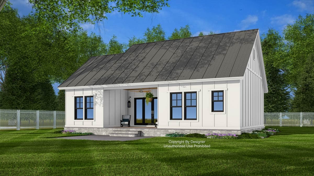 House plan exterior, modern farmhouse style, one story, with covered porch, gable roof, and board and batten siding.