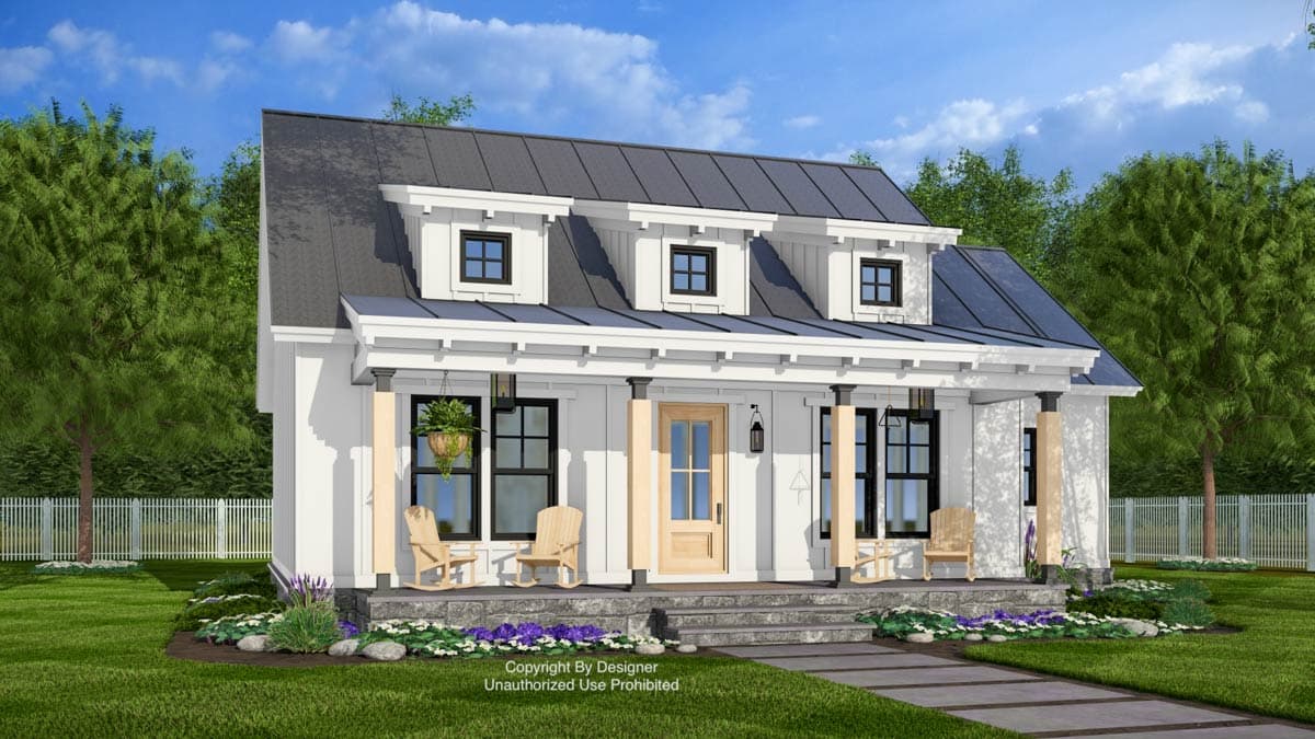 House plan exterior of a two-story Modern Farmhouse with a metal roof, three dormers, and a covered front porch with wood columns.