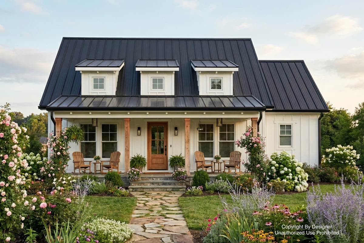 A white farmhouse with a black roof and dormer windows, surrounded by a lush garden with stone path leading to the front door and porch.