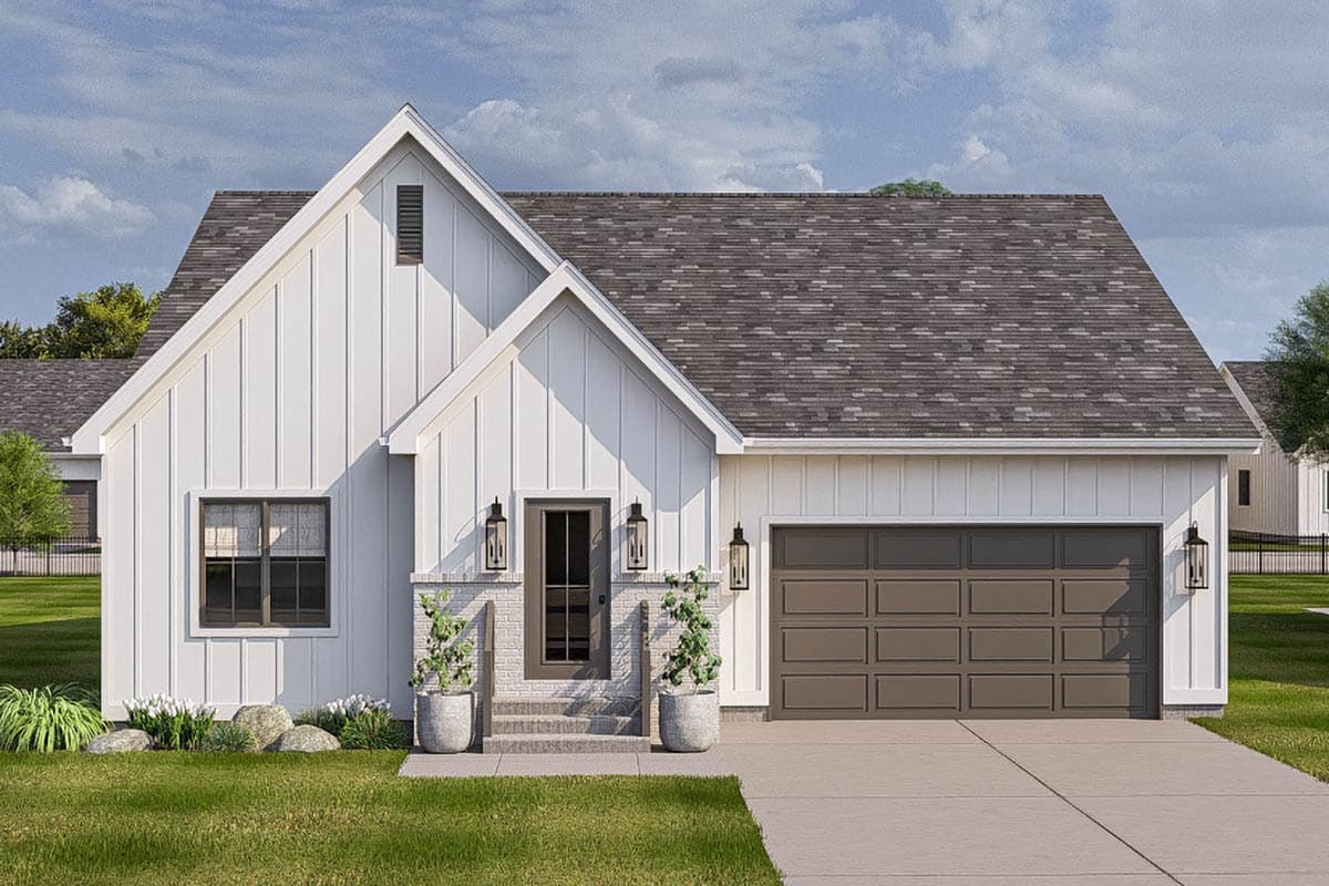 House plan exterior featuring a Modern Farmhouse style with a gable roof, board and batten siding, and an attached garage.
