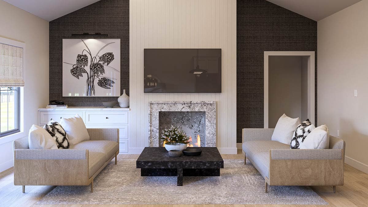 Interior rendering of a great room with vaulted ceiling, fireplace, and dual sofas.