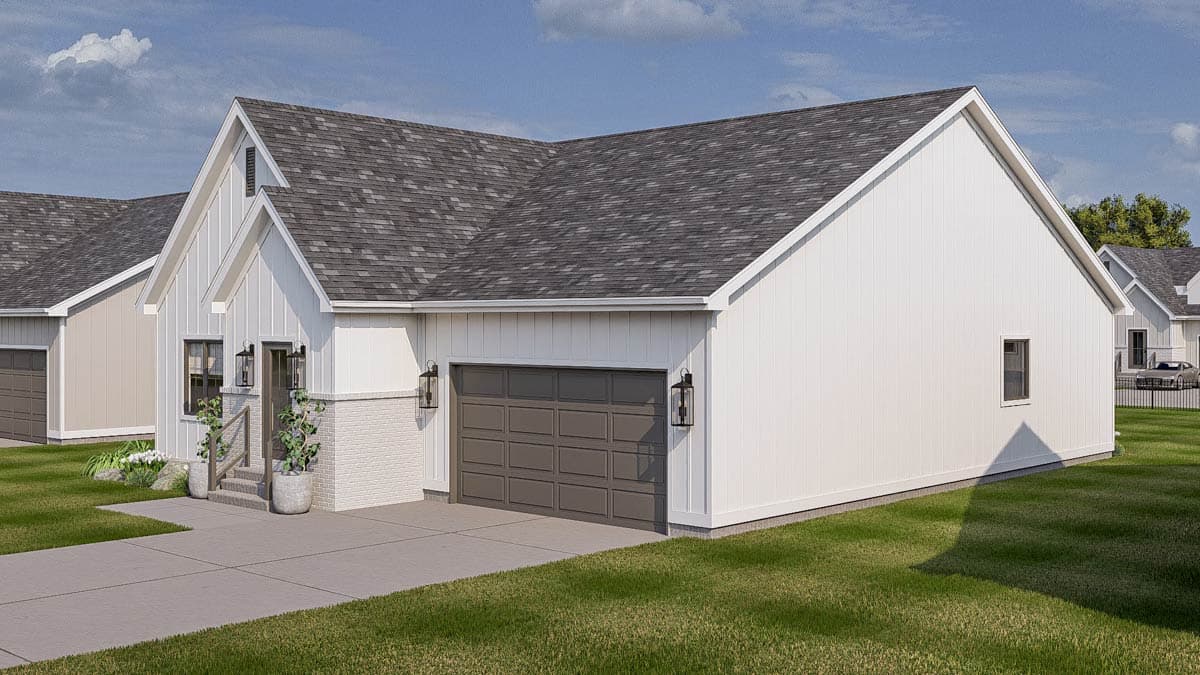 Modern Farmhouse house plan exterior with a gable, vertical siding, brick accent, and a two-car garage.