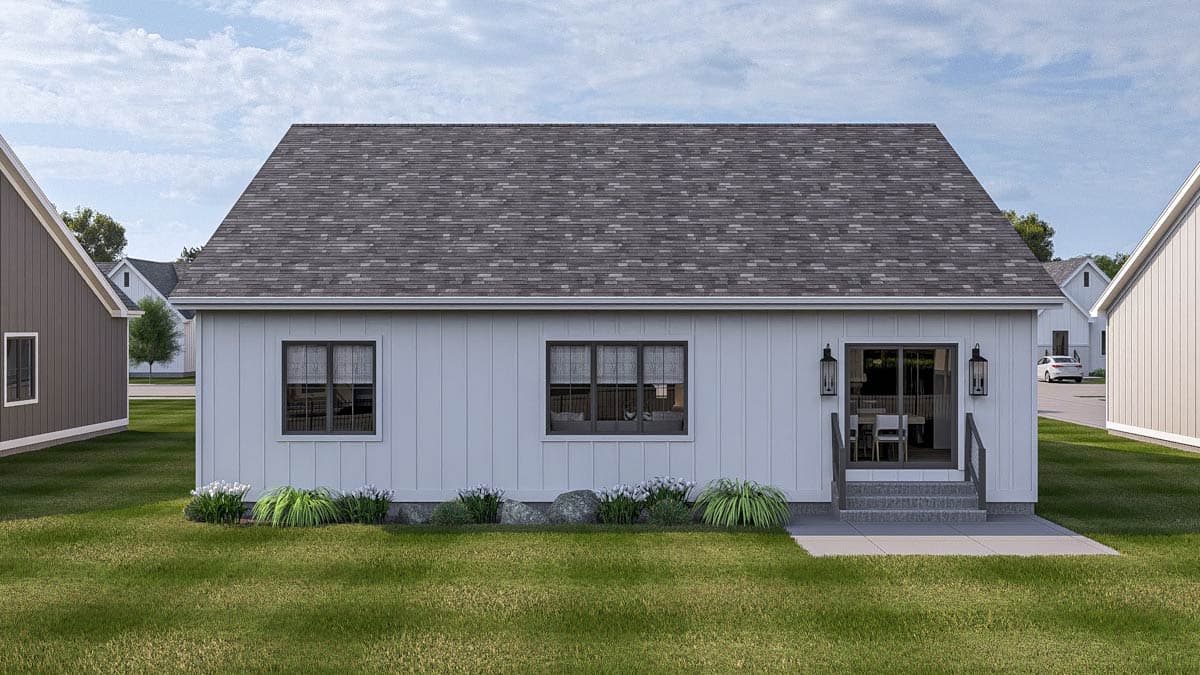 House plan exterior: Ranch style, one story, white board and batten siding, gable roof, sliding glass doors, and two windows.