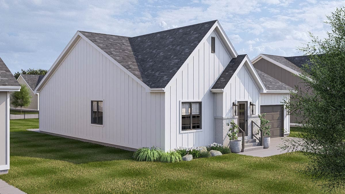 House plan exterior: Modern Farmhouse style, one story, board-and-batten siding, prominent gables, and attached garage.