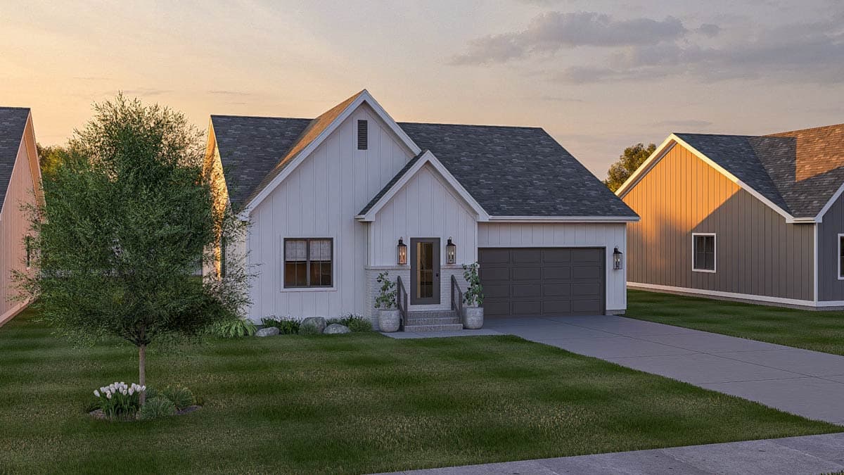 Modern Farmhouse house plan exterior with white board-and-batten siding, gables, front entrance, and attached garage.
