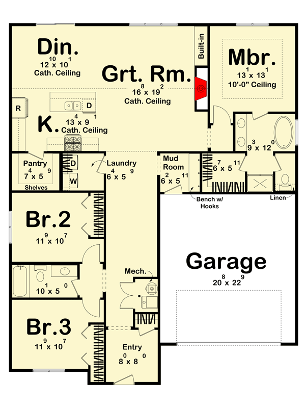 Plan 623531DJ: Modern Farmhouse Plan with Split Bedrooms and Optional Lower Level - Floor Plan - Main Floor - Slab Version - Country, New American, Traditional