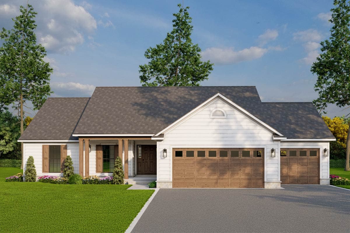 House plan exterior with Craftsman style, single story, and a front-facing garage. Features include a gabled roof, covered porch, and dormer.