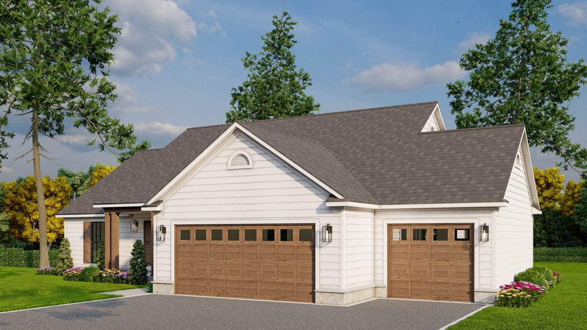 House plan exterior: Single-story home with a gabled front, a covered entryway with wood posts, and a two-car garage.