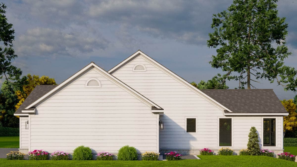 House plan exterior: one-story Modern Farmhouse with gabled rooflines, dormers, and lap siding.