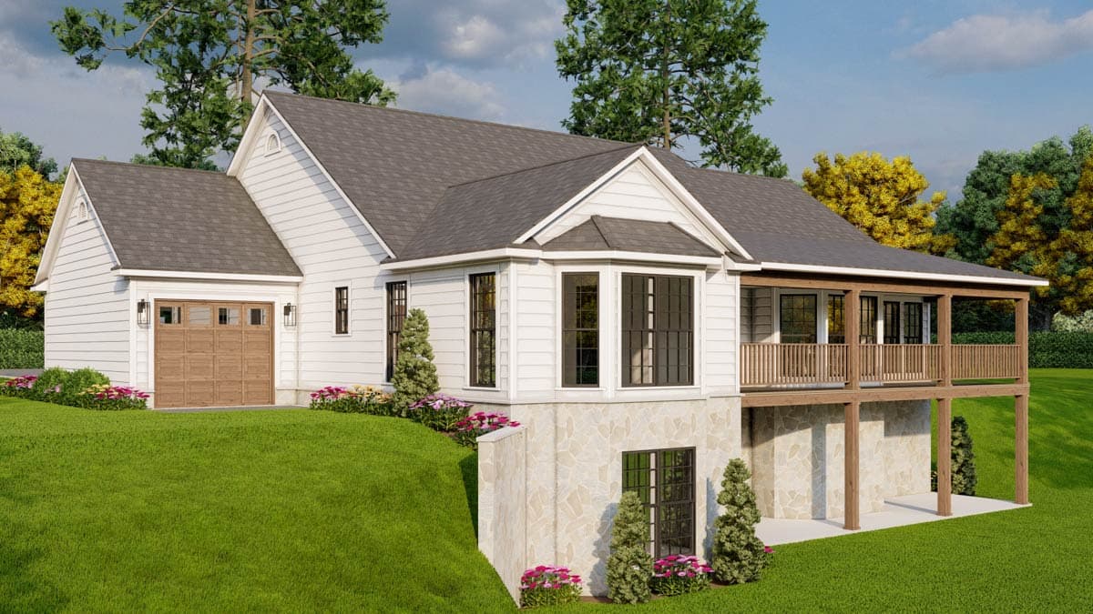Modern Farmhouse house plan exterior with attached garage, bay window, and covered deck. Two stories with stone foundation.