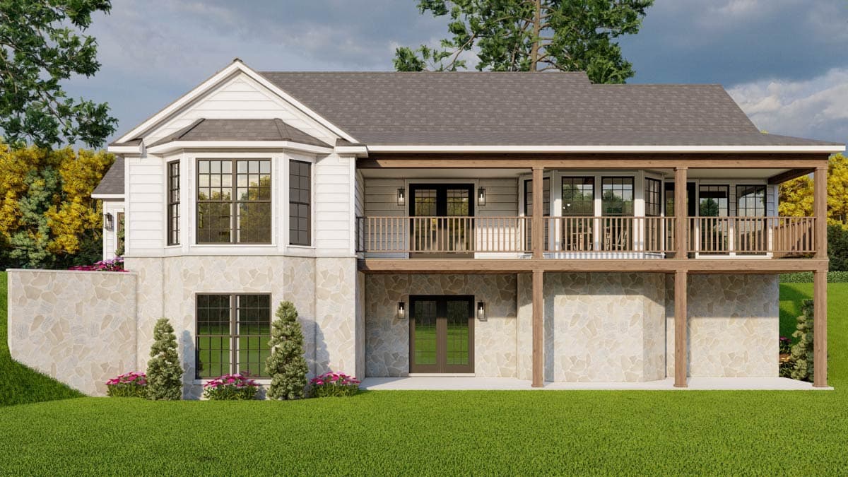 House plan exterior with white siding, stone foundation, bay window, and covered deck with wooden railings.