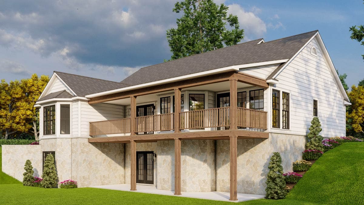 House plan exterior: two-story modern farmhouse with gabled roof, wide covered porch with wood railing, and stone foundation.