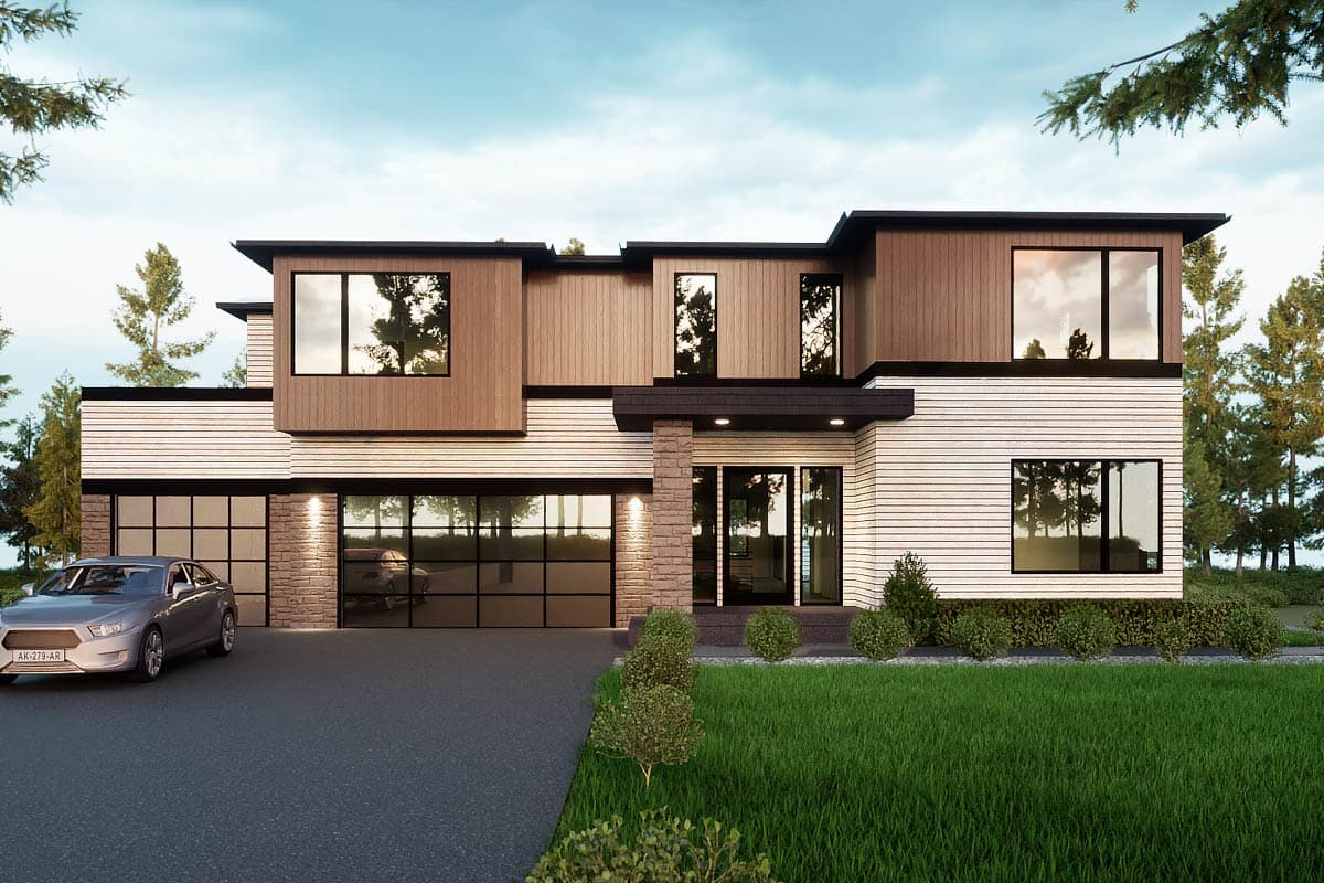 Modern house plan exterior with two stories, a two-car garage, multiple cantilevered sections, and a flat roof.