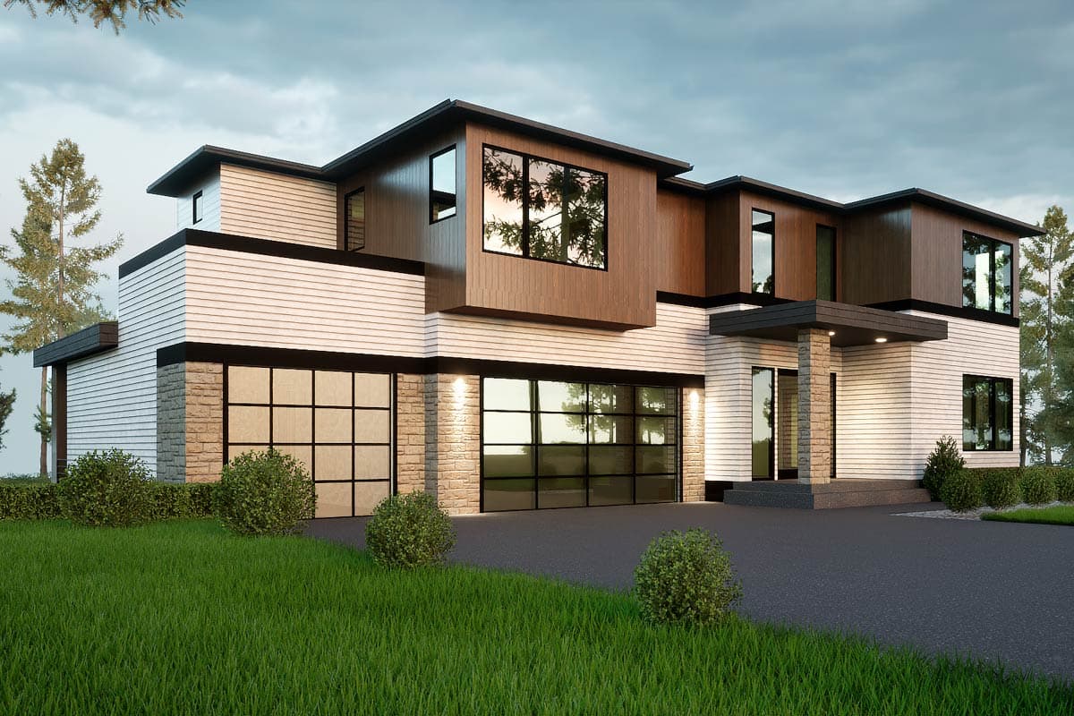 Modern house plan exterior with two garage doors, stone accents, and cantilevered wooden upper levels. Two stories.