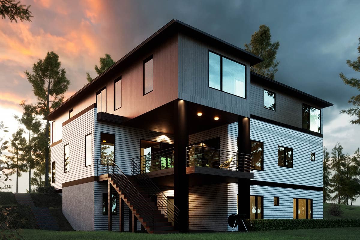 Modern two-story house plan exterior with cantilevered upper level, horizontal siding, large windows, and external staircase.