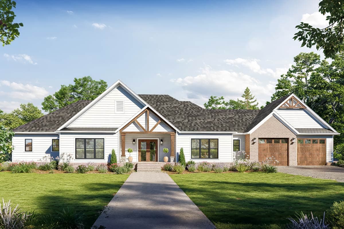 Modern Farmhouse house plan exterior, one story, featuring a covered entry with wood beams and a side-facing two-car garage.