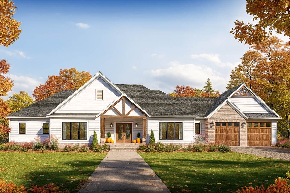 House plan exterior featuring a farmhouse style, single story, with a covered front porch, gable rooflines, and a two-car garage.