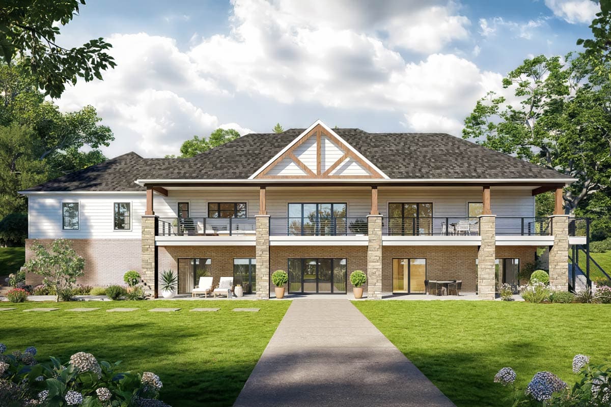 House plan exterior, two stories, with a covered upper deck, a gable with exposed beams, and stone accents.