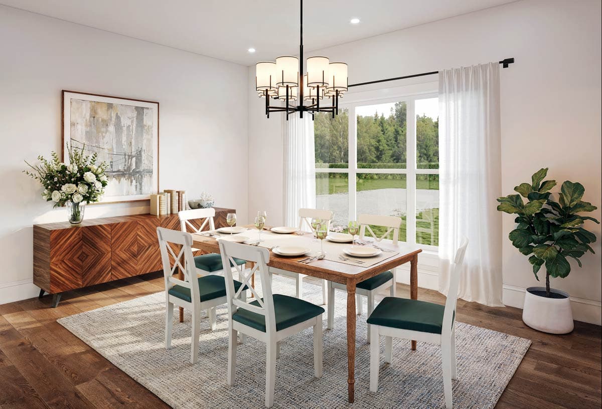 Dining room interior with wooden table, chairs, buffet, large window, and modern chandelier.