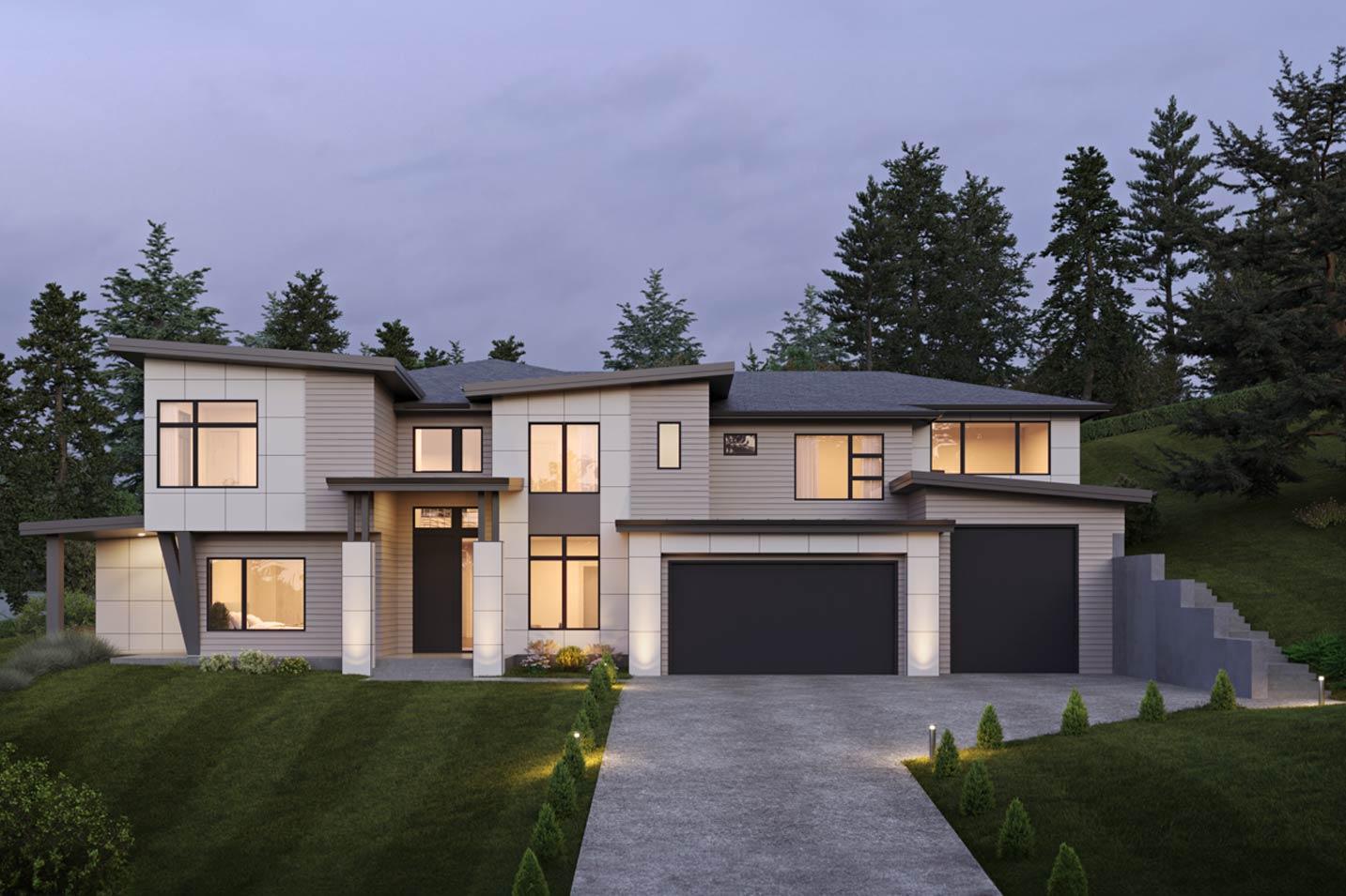 Modern house plan exterior with two stories, asymmetric rooflines, large windows, a covered entryway, and a three-car garage.