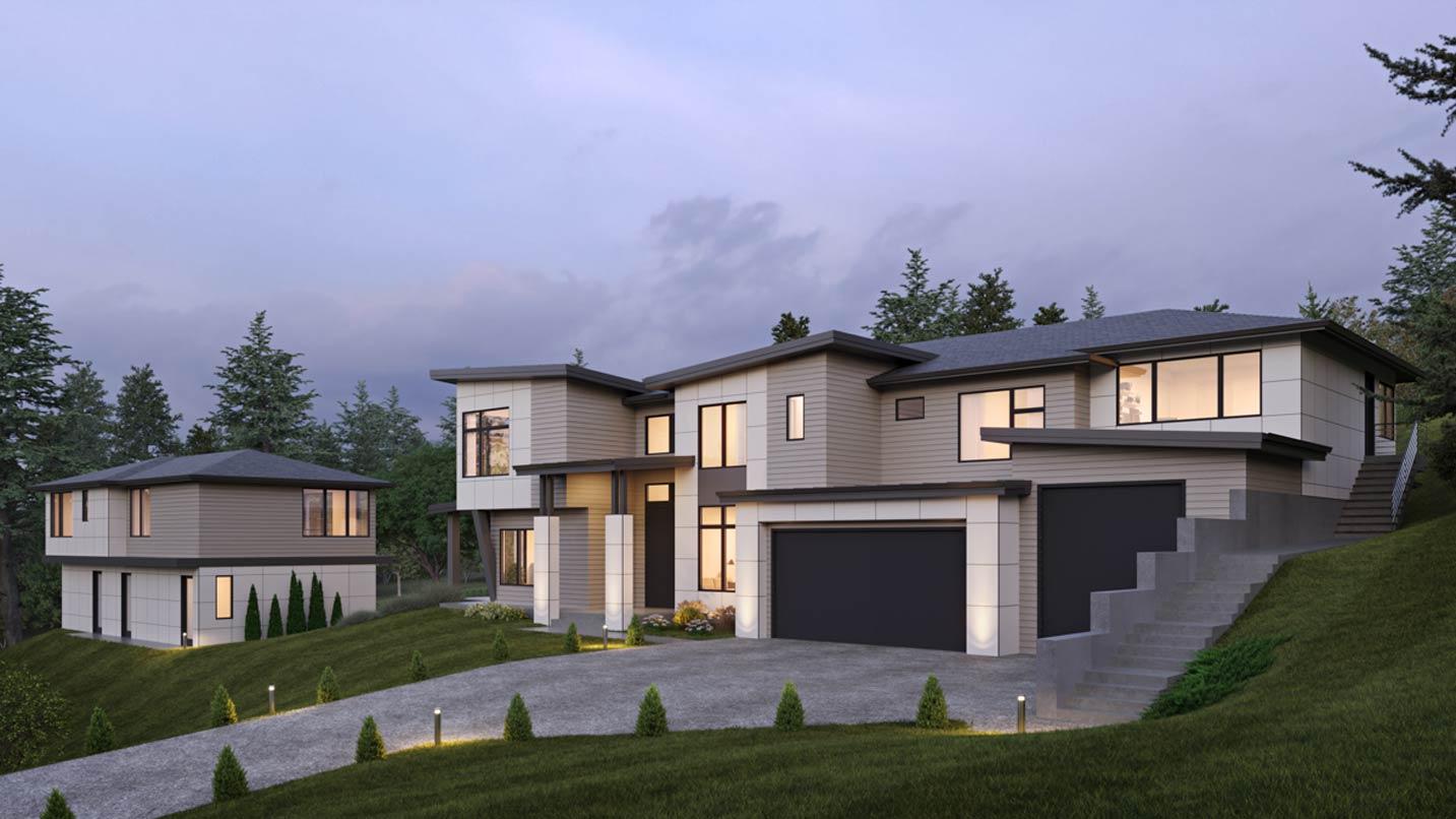 Modern house plan exterior with multiple levels, flat rooflines, large windows, and a three-car garage.