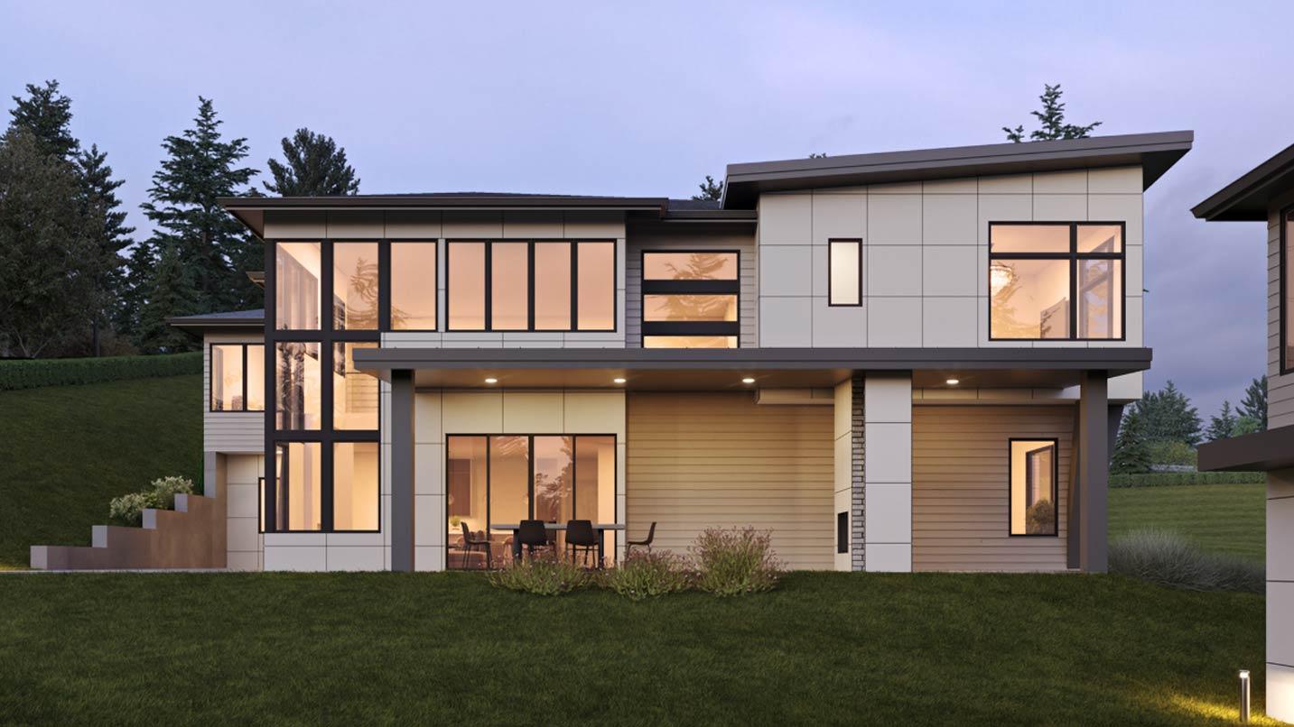 Modern two-story house plan exterior with large windows, angled rooflines, and light-colored paneling.