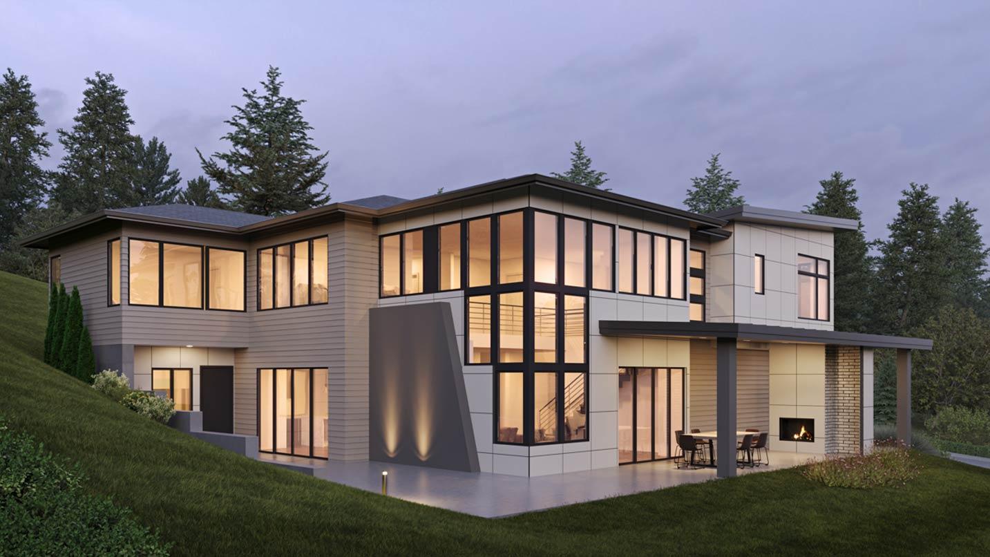 Modern two-story house plan exterior with extensive glass, flat rooflines, and a covered patio with fireplace.