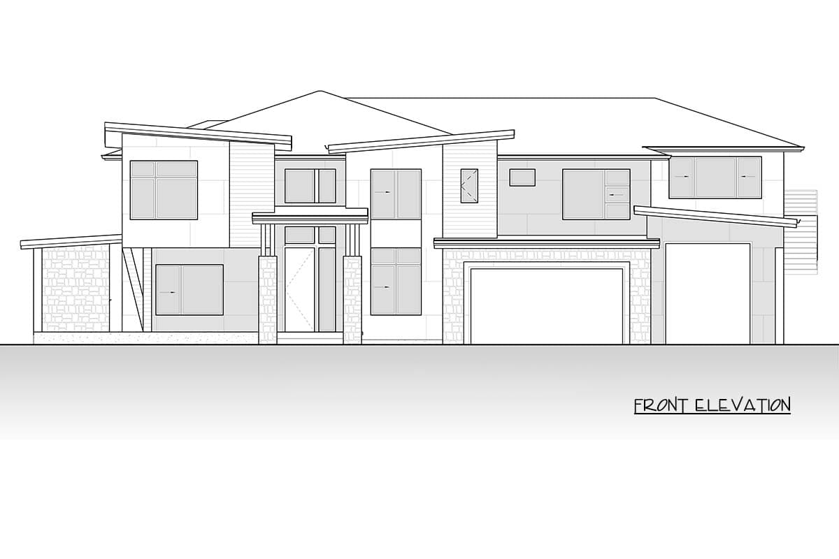 Front elevation drawing of a two-story house with modern design, layered rooflines, stone accents, covered entry, and two garages.