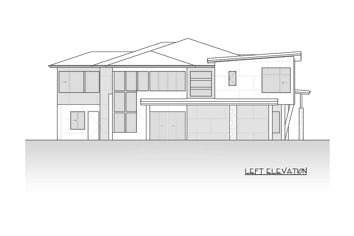 Left elevation house plan showing a two-story modern design with a multi-level roof, large windows, and a garage.