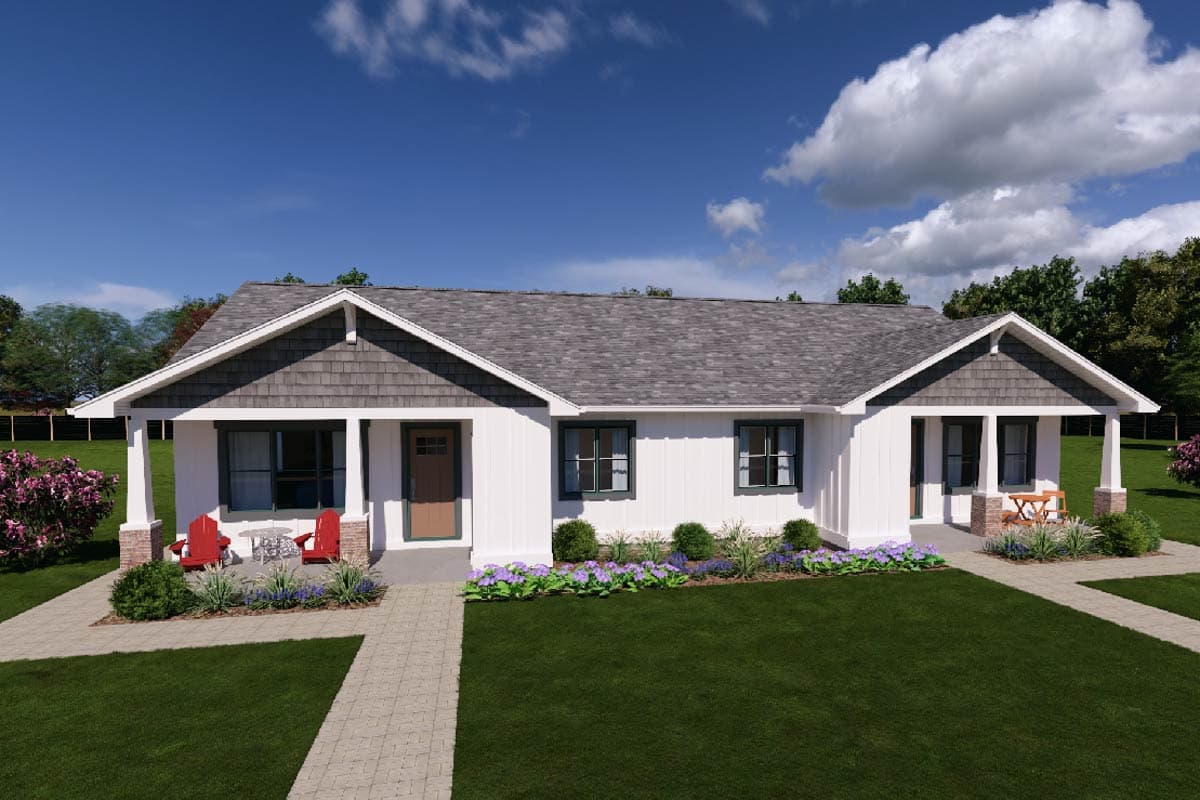 House plan exterior featuring a one-story, modern farmhouse style with a front porch, gables, and a shingled roof.