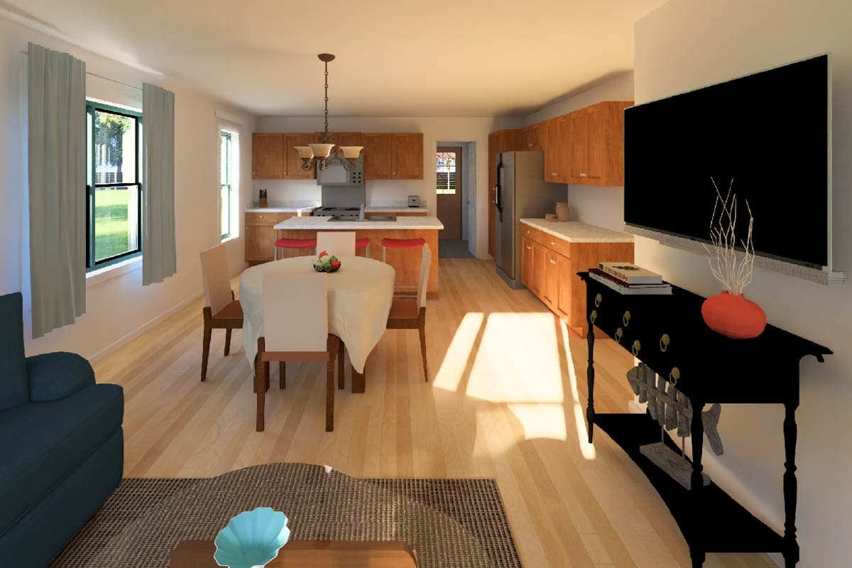 Rendering of a kitchen and dining area with wood cabinets, island, dining table, and television.